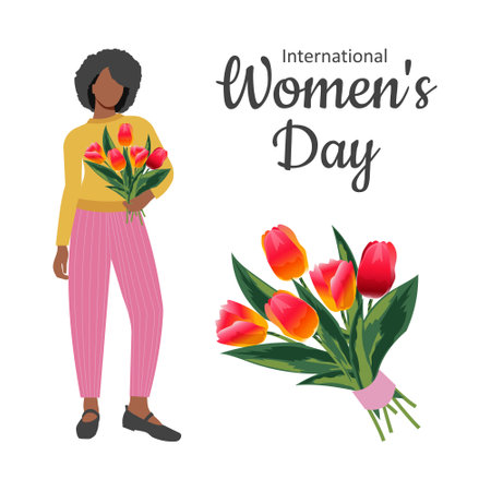 International Women's Day. Set of woman with a bouquet of red tulips, congratulatory text and a bouquet of flowers on a white background isolated. Vector.のイラスト素材
