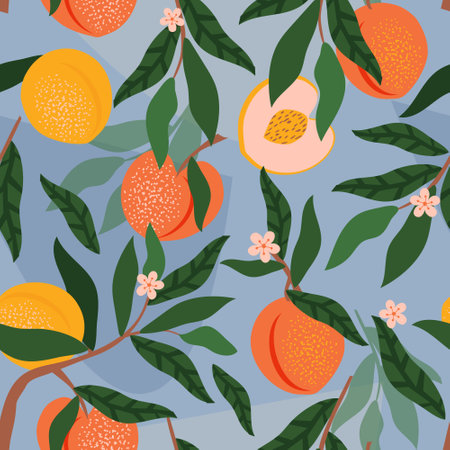 Fruits and flowers of peaches with leaves on a branch form a seamless pattern on a blue background for fabrics, textiles and wrapping paper. Vector.のイラスト素材