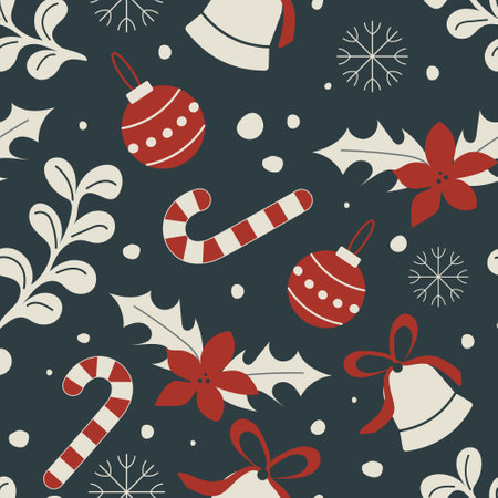 New Year seamless pattern with balls, candies and flowers form a festive seamless pattern for modern wrapping paper.の写真素材