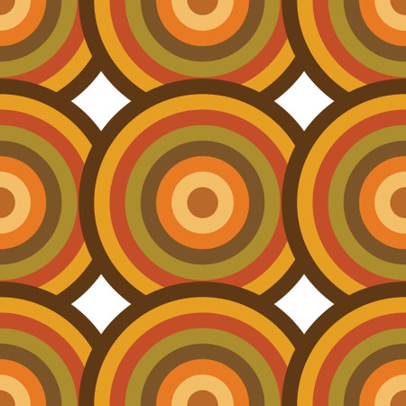 Circles with a color palette of autumn shades. Seamless pattern with geometric colored spheres for textile.の写真素材