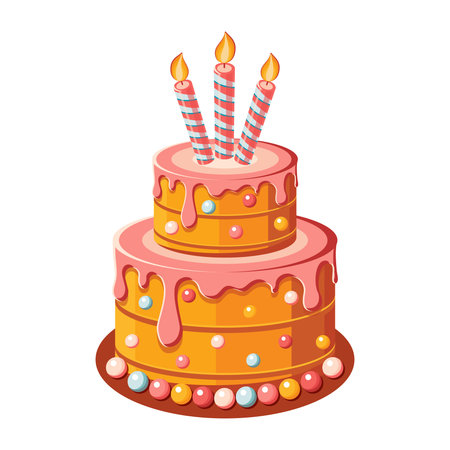 Colorful cake decorated with candies, candles isolated on white background for holiday cards.