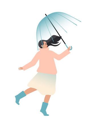 A young woman with an umbrella dances on a cloudy day, improving her mental health and making herself happier. Vector.のイラスト素材