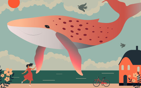 Girl walking along the embankment in summer with her friend pink whale.の写真素材