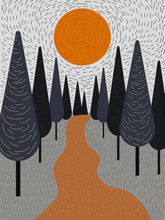 Road to the sun among tall trees in forest or park drawn by hand. Vector.のイラスト素材