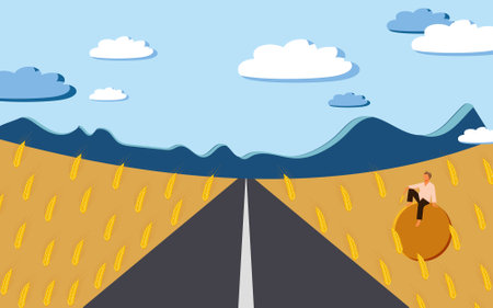 A farmer sits on a haystack in a wheat field watching the road leading to the mountains. Vectorのイラスト素材