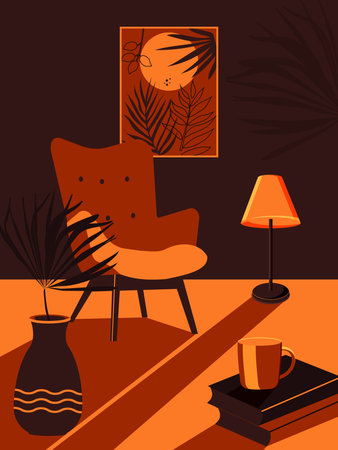 Cozy stylish evening interior with a comfortable armchair, a floor lamp and books in brown tones. Vectorのイラスト素材