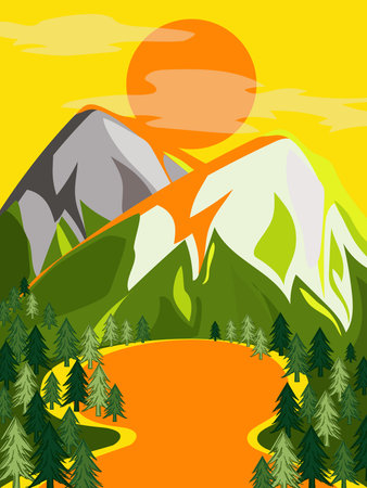 Mountain landscape with coniferous forest in the evening sunset. Vector.のイラスト素材