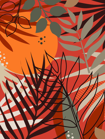 Tropical branches and leaves against the backdrop of the evening sunset.の写真素材