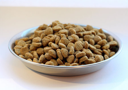 Dry food for cats or dogs in a round metal bowl on a white background