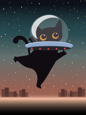 Black cartoon astronaut cat in space above a night city. Vector.のイラスト素材