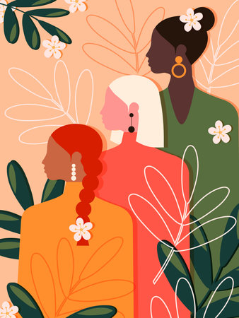 Women's History Month. Women of different ages, nationalities, and religions unite. Pink spring poster. Vector.のイラスト素材
