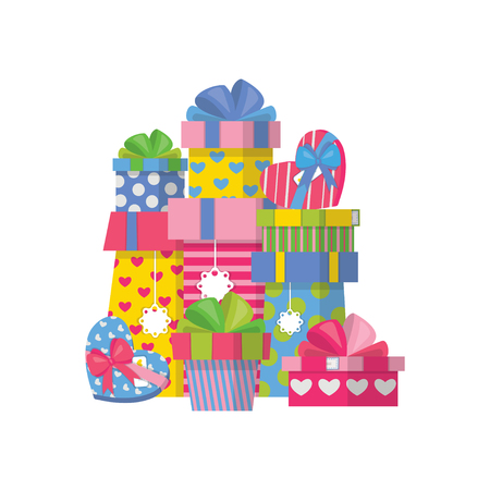 Present box pile. Gift graphic design in flat, cartoon style. Holiday, Birthday, Christmas, anniversary, celebration theme. Vector illustration.のイラスト素材