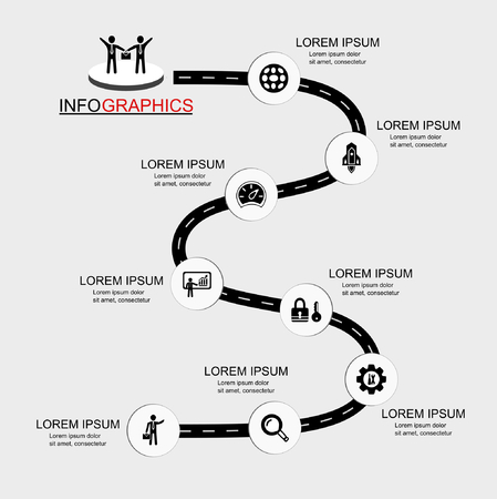 Vector template infographic Timeline of business operations with flags and placeholders on curved roads.のイラスト素材