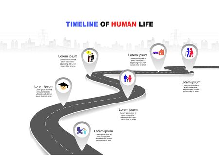 Vector template Infographic Timeline of human life with flags and placeholders on curved roads. Symbols, steps for successful business planning Suitable for advertising and presentations.のイラスト素材