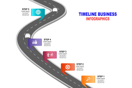 Vector template infographic Timeline of business operations with flags and placeholders on curved roads. Symbols, steps for successful business planning Suitable for advertising and presentations.のイラスト素材