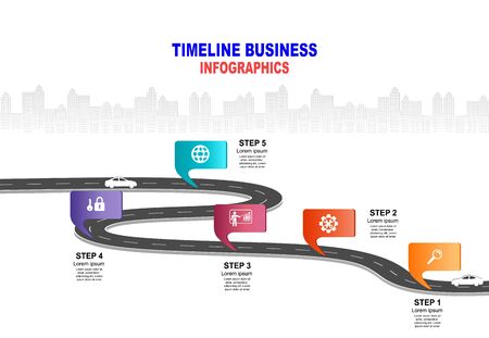 Vector template infographic Timeline of business operations with flags and placeholders on curved roads. Symbols, steps for successful business planning Suitable for advertising and presentations.のイラスト素材