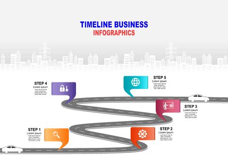 Vector template infographic Timeline of business operations with flags and placeholders on curved roads. Symbols, steps for successful business planning Suitable for advertising and presentations.のイラスト素材