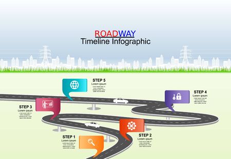 Vector template infographic Timeline of business operations with flags and placeholders on curved roads. Symbols, steps for successful business planning Suitable for advertising and presentations.のイラスト素材