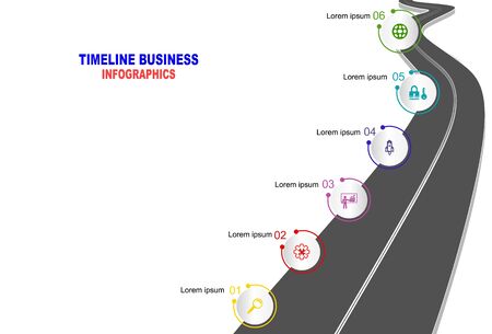 Vector template infographic Timeline of business operations with flags and placeholders on curved roads. Symbols, steps for successful business planning Suitable for advertising and presentations.のイラスト素材