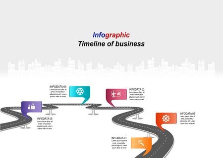 Vector template infographic Timeline of business operations with flags and placeholders on curved roads. Symbols, steps for successful business planning Suitable for advertising and presentations.のイラスト素材
