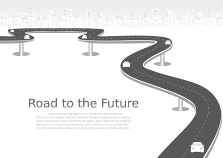 Roadway journey to the future. Asphalt street isolated on city background. Symbols Way to the goal of the end point. Path mean successful business planning Suitable for advertising and presentstationのイラスト素材