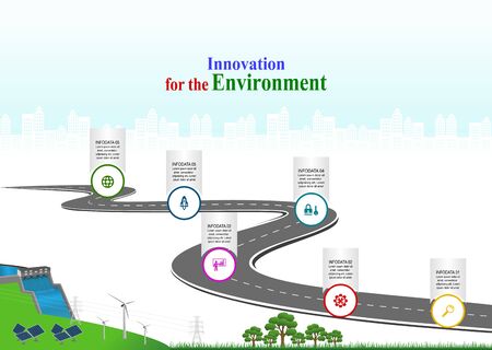 Innovation, for environment and society city that can live together. Vector template infographic Timeline of business operations with flags and placeholders on curved roads. Symbols, steps for successのイラスト素材