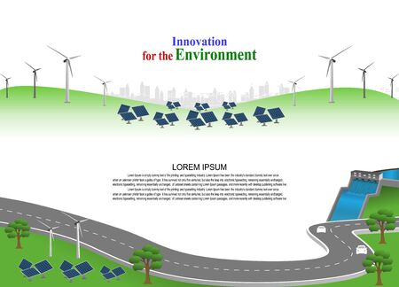 Power generation system renewable Clean energy from nature, such as wind, solar, water energy, can be used to produce electricity.Vector template infographic Timeline of business operations with cars.のイラスト素材
