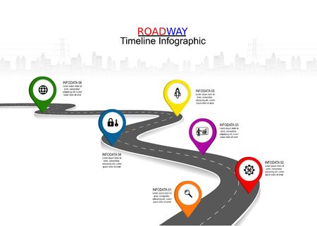 Vector template infographic Timeline of business operations with flags and placeholders on curved roads. Symbols, steps for successful business planning Suitable for advertising and presentations.のイラスト素材