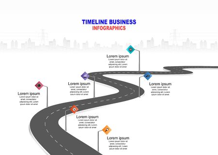 Vector template infographic Timeline of business operations with flags and placeholders on curved roads. Symbols, steps for successful business planning Suitable for advertising and presentations.のイラスト素材
