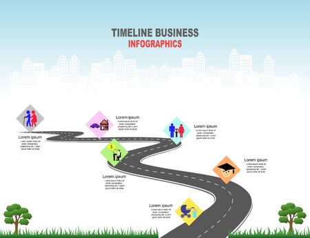 Vector template Infographic Timeline of human life with flags and placeholders on curved roads. Symbols, steps for successful business planning Suitable for advertising and presentations.のイラスト素材