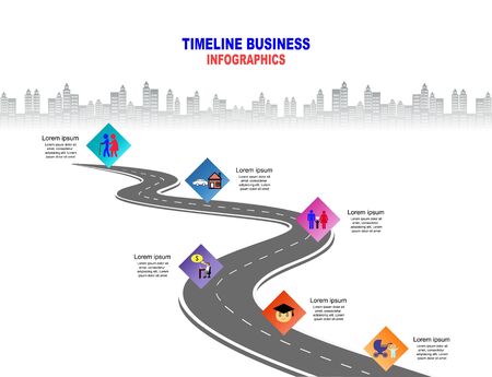 Vector template Infographic Timeline of human life with flags and placeholders on curved roads. Symbols, steps for successful business planning Suitable for advertising and presentations.のイラスト素材
