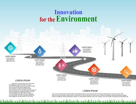 Vector template infographic Timeline of business operations with flags and placeholders on curved roads. Innovation, for environment and society city that can live together. Symbols, steps for successのイラスト素材