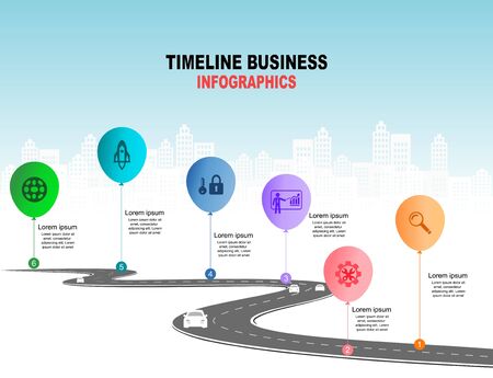 Vector template infographic Timeline of business operations with flags and placeholders on curved roads. Symbols, steps for successful business planning Suitable for advertising and presentations.のイラスト素材