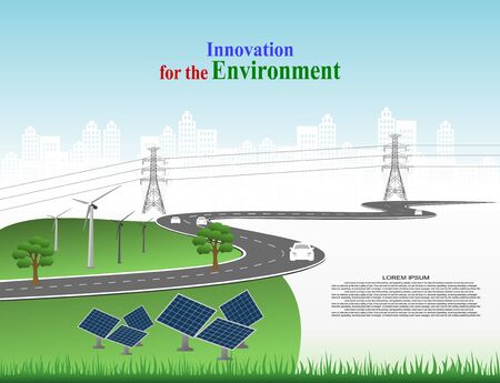 Power generation system renewable Clean energy from nature, such as wind, solar, water energy, can be used to produce electricity.Vector template infographic Timeline of business operations with cars.のイラスト素材