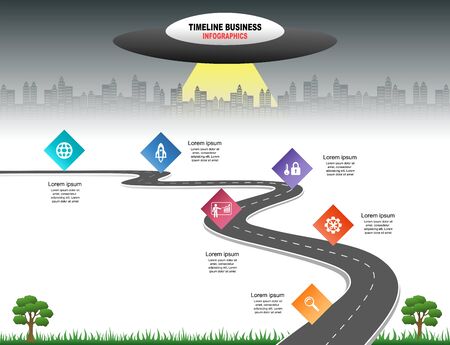 Vector template infographic Timeline of business operations with flags and placeholders on curved roads. Symbols, steps for successful business planning Suitable for advertising and presentations.のイラスト素材
