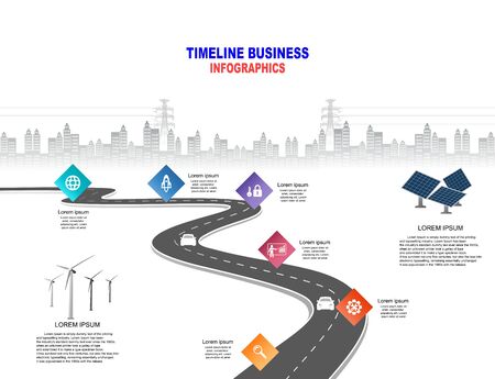 Vector template infographic Timeline of business operations with flags and placeholders on curved roads. Innovation, for environment and society city that can live together. Symbols, steps for successのイラスト素材
