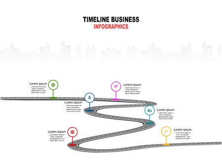 Vector template infographic Timeline of business operations with flags and placeholders on curved roads. Symbols, steps for successful business planning Suitable for advertising and presentations.のイラスト素材