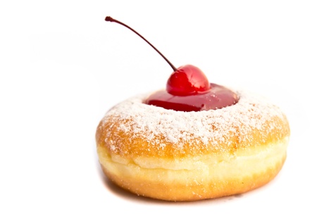 Bakery food, cherry fruit donut on white backgroundの写真素材