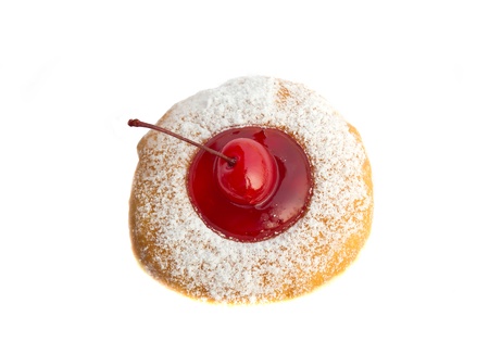 Bakery food, cherry fruit donut on white backgroundの写真素材