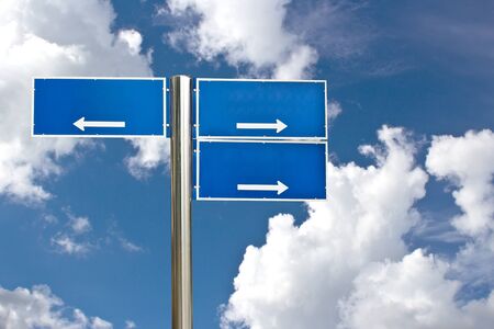 Blank Blue Road Sign Against Light Cloudscape, Summer Sky And Cloudsの写真素材