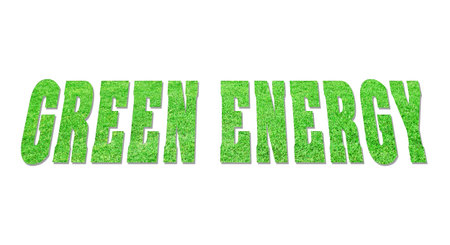 The word GREEN ENEGRY from the green grass, isolated on white backgroundの写真素材