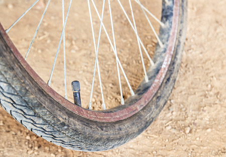 Close up bicycle wheel and tire on the floorの写真素材