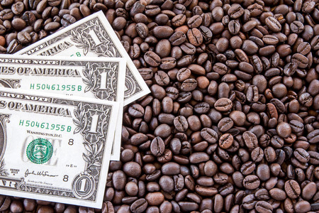 Dollar money on coffee beans background. Coffee business conceptの写真素材