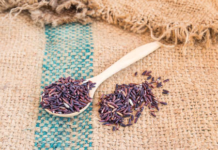 Close up raw purple rice berry in wooden spoon on burlap sack backgroundの写真素材