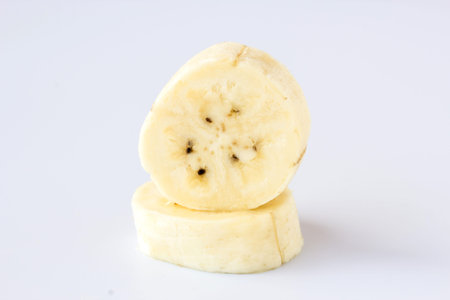 Close up banana isolated on a gary backgroundの写真素材