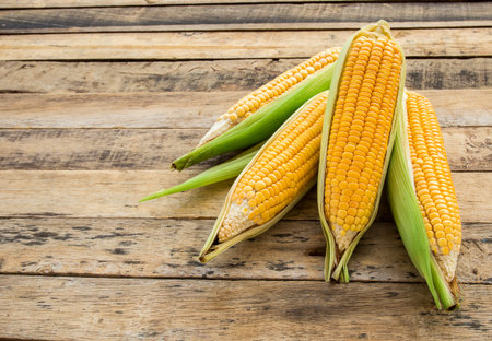 Fresh corn on a wooden table background