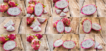 Set of fresh dragon fruit on wooden table backgroundの写真素材