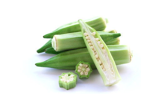 Close up fresh okra isolated on a white backgroundの写真素材