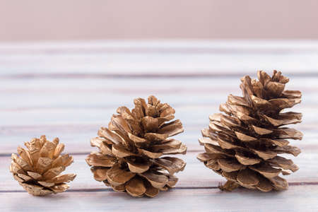 Close up gold pine cones on a white wooden table background. Christmas and new year concept.の写真素材