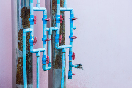 Close up pipes and valves of heating systemの写真素材